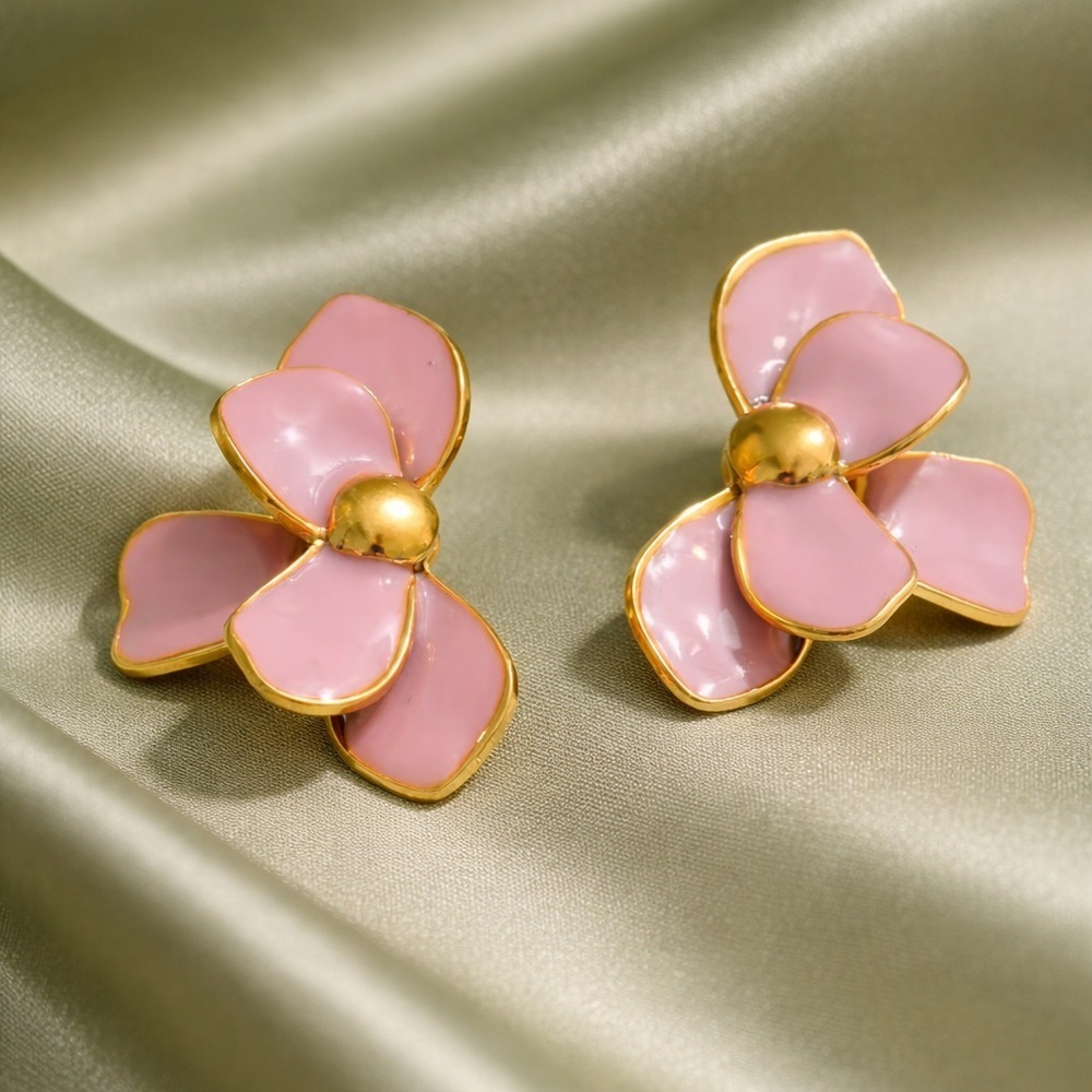 Blush Pink Floral Earrings – Elegant Gold Petal Statement Jewelry - Picture 3 of 11